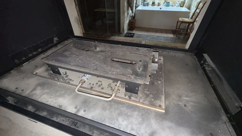 Gas fireplace service — opened firebox before cleaning